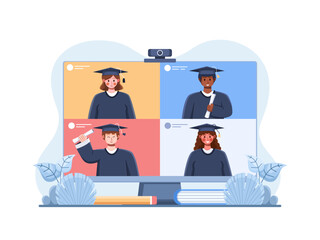 A vector illustration of an online virtual graduation ceremony, depicting graduates wearing their caps and gowns, and participating in the ceremony through their computer screens.