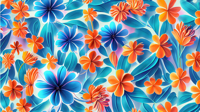 Hand drawn textures, modern flower design with blue, orange, cyan flowers, floral patterns for watercolor textures backgrounds and web banners design. (ai generated) © Jaowadul