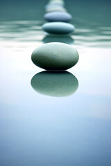 Obraz na płótnie Canvas A line of stones, a row of pebbles on the water. Ai background with copy space, for spa and yoga center advertising. Harmony and quiet relaxation concept. Forward progress towards the meditation goal