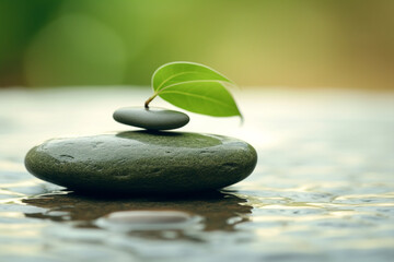 zen stones and green leaves in a quiet river. Oriental mood. Concept of focused and serene meditation. Poster on peace of mind. Natural way of life. Copy space for spa ad. Healthy feeling of calmness