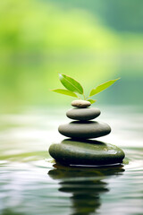 Fototapeta na wymiar Balanced pile of zen stones and leaves in a calm stream. Concept for focused concentration, harmony and spiritual meditation. Wellness mood. Background idea with copy space for spa advertising. AI