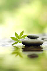 Spa still life. stack of stones balanced on thermal stream and small leafs, AI background with copy-space. Wellness and harmony concept. Spiritual zen way of life, calm mind. Symbol of natural health
