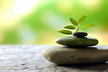 Spa still life with stack of stones and small leafs, AI generated background with space. Wellness and harmony concept. Spiritual zen way of life for Quiet Thoughts, calm mind. Symbol of natural health
