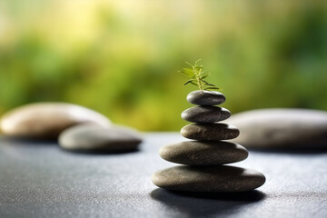 Spa image with pile of stone and seedling, AI generated background with copy space. Wellness and harmony concept. Spiritual zen way of life for Quiet Thoughts, calm mind. Symbol of natural health