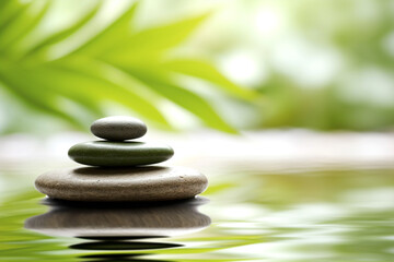 Fototapeta na wymiar Spa still life with stack of stones on water, AI generated background, copy space. Wellness and harmony concept. Spiritual zen way of life for Quiet Thoughts, calm mind. Symbol of natural health