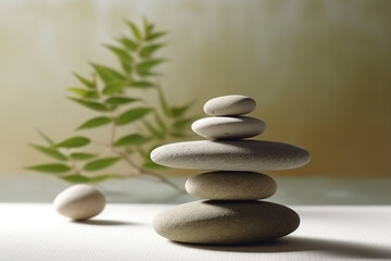 Obraz na płótnie Canvas Stacked zen stones with leaves, concept on meditation, concentration and healthy way of life. Ai generated wallpaper background with copy-space. Symbol for inner equilibrium and balance