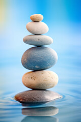 Fototapeta na wymiar a stack of rocks sitting on top of a body of water, minimalism, vertical blue background. Tower of stones. Ai generated wallpaper for yoga center and spa ad. Mindfulness and inner balance concept
