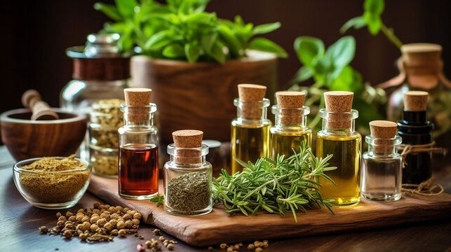 Small bottles of essential oil, herbs and spices. Still life of natural herbalist medicine product. For spa and healing center. Wellness and healthy life style concept. Ai generated