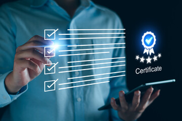Certification and standardization process, iso certified business, conformity to international standards high quality assurance concept. good and premium service,  Person touching certificate icon.