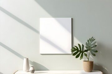 Minimal wooden picture poster frame mockup on sage green wall, generative ai