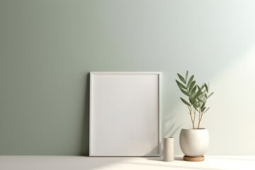 White blank poster on floor with blank frame mockup, green sage wall, generative ai