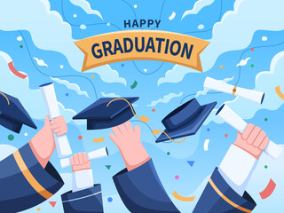A vector illustration of a joyful graduation celebration, featuring a hand from a group of students tossing a graduation cap into the air.
Happy Graduation.
Suitable for greeting card, banner, poster.