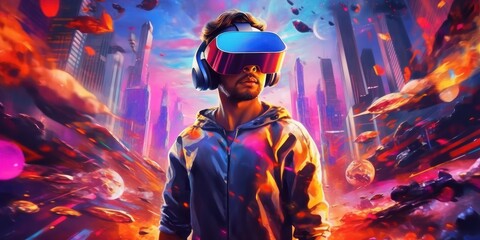 Man with VR Headset Exploring the Metaverse, Virtual Reality Glasses of Modern Technology. Generative Ai
