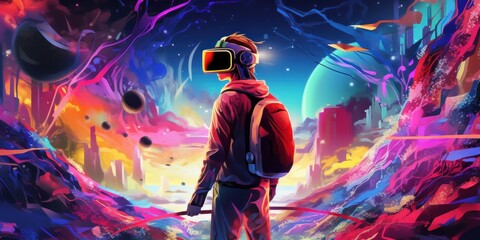 Fototapeta na wymiar Man with VR Headset Exploring the Metaverse, Virtual Reality Glasses of Modern Technology. Generative Ai