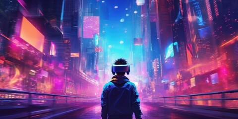 Man with VR Headset Exploring the Metaverse, Virtual Reality Glasses of Modern Technology. Generative Ai