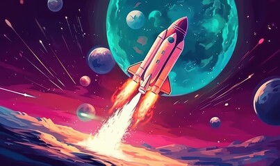 Rocket Launching to Space Background, Space Exploration Illustration. Generative Ai © CYB3RUSS