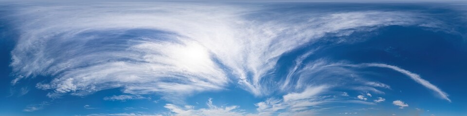 Blue summer sky dome panorama with clouds, no ground, suitable for easy use in 3D graphics and...