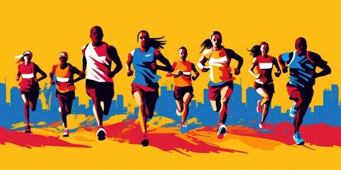 Marathon Running Colorful Illustration, Run For Healthy Life Concept. Generative Ai