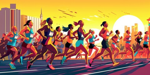 Marathon Running Colorful Illustration, Run For Healthy Life Concept. Generative Ai