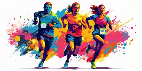 Marathon Running Colorful Illustration, Run For Healthy Life Concept. Generative Ai
