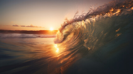 Close-up detail of rolling waves in the sunset light