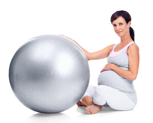 Portrait, pregnant and exercise ball with a woman crossed legs isolated on a transparent background. Mama, fitness and pregnancy with a young mother holding her stomach, abdomen or belly on PNG