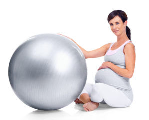 Portrait, pregnant and exercise ball with a woman crossed legs isolated on a transparent background. Mama, fitness and pregnancy with a young mother holding her stomach, abdomen or belly on PNG