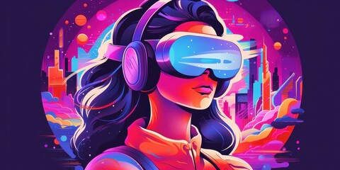 Woman with VR Headset Exploring the Metaverse, Virtual Reality Glasses of Modern Technology. Generative Ai