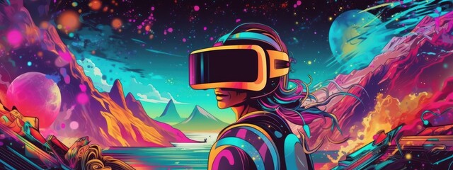 Obraz premium Woman with VR Headset Exploring the Metaverse, Virtual Reality Glasses of Modern Technology. Generative Ai