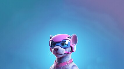 A Cute Cartoon Panther With Vr Glasses Character Designs Mauve Sky Blue Pink. Generative AI