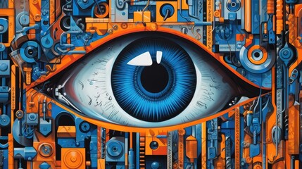 Big Safe Deposit Biometric Authentication Eye Scanning Blue Orange Black. Generative AI