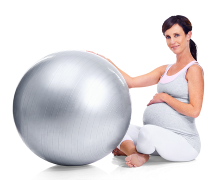 Portrait, pregnant and exercise ball with a woman crossed legs isolated on a transparent background. Mama, fitness and pregnancy with a young mother holding her stomach, abdomen or belly on PNG
