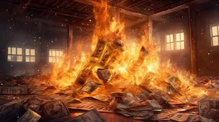 Fire Pile Of Dollars In A Chaotic Scene Symbolizing The Consequences. Generative AI