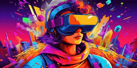 Woman with VR Headset Exploring the Metaverse, Virtual Reality Glasses of Modern Technology. Generative Ai