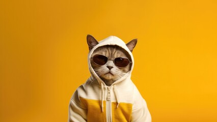 A Cat American Wirehair With Sunglasses A Sweatshirt Golden Yellow Background. Generative AI