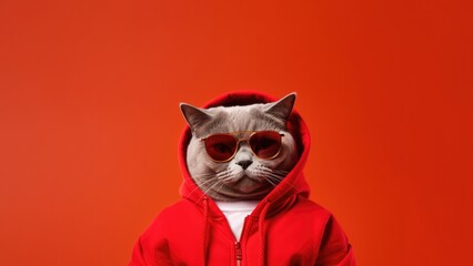 A Cat Chartreux With Sunglasses A Sweatshirt Ruby Red Background. Generative AI