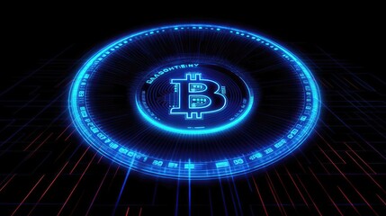 Bitcoin Trading Chart Blue Neon Lines Black Background. Generative AI - obrazy, fototapety, plakaty