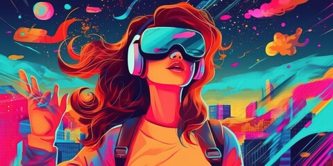 Fototapeta na wymiar Woman with VR Headset Exploring the Metaverse, Virtual Reality Glasses of Modern Technology. Generative Ai