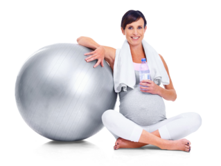 Portrait, fitness and water with a pregnant woman isolated on transparent background for prenatal training. Mama, smile or pregnancy with a young mother sitting during an exercise ball workout on PNG
