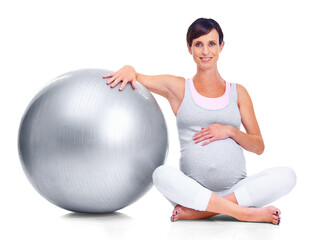 Fototapeta na wymiar Portrait, exercise and fitness with a pregnant woman isolated on a transparent background for health. Mama, workout and pregnancy with a young mother sitting with ball during prenatal training on PNG