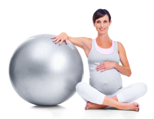 Portrait, exercise and fitness with a pregnant woman isolated on a transparent background for health. Mama, workout and pregnancy with a young mother sitting with ball during prenatal training on PNG