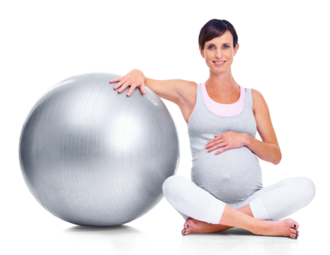 Portrait, exercise and fitness with a pregnant woman isolated on a transparent background for health. Mama, workout and pregnancy with a young mother sitting with ball during prenatal training on PNG