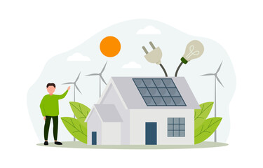 Modern eco house and windmill, solar energy panels. Smart home and save energy sustainable concept. Vector Illustration