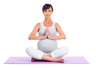 Pregnant, meditation exercise and yoga with a woman isolated on transparent, png background. Female model portrait on a mat to meditate for a healthy pregnancy, fitness or health and wellness or zen