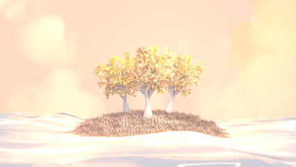 3d rendered golden grass field with trees in the sea.