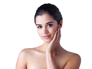 Natural beauty, woman and skincare portrait with isolated with transparent png background. Model, cosmetic glow and face treatment of a female person with smile from wellness and cosmetics facial