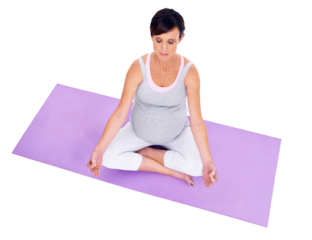 Meditation exercise, yoga and lotus with a pregnant woman isolated on transparent, png background. Above female model person on a mat to meditate for healthy pregnancy, fitness or health and wellness