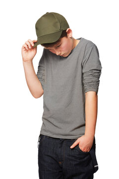 Youth, young and shy kid boy, teenager or child with social anxiety, fear and introvert scared to be embarrassed. Problem, crisis and guilty adolescent person isolated on transparent, png background