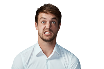 Funny, face and portrait of man on transparent background for goofy, silly and comic facial expression. Crazy, surprise and emoji with male person on png for playful, joke and comedy attitude