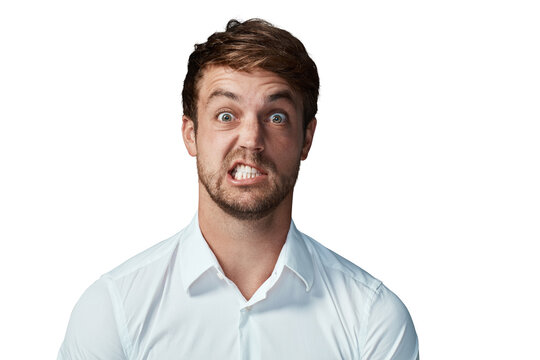 Funny, face and portrait of man on transparent background for goofy, silly and comic facial expression. Crazy, surprise and emoji with male person on png for playful, joke and comedy attitude